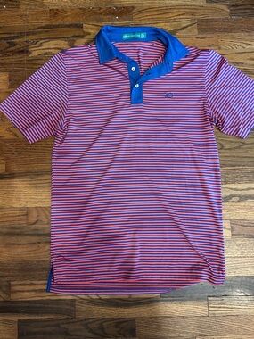 Southern Tide Pink and Blue Striped Polo with Contrast Blue Collar